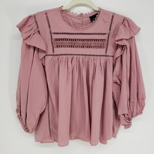 Liv Los Angeles Boho Ruffle Blouse Top Womens M Pink Crochet Lace Cotton Prairie